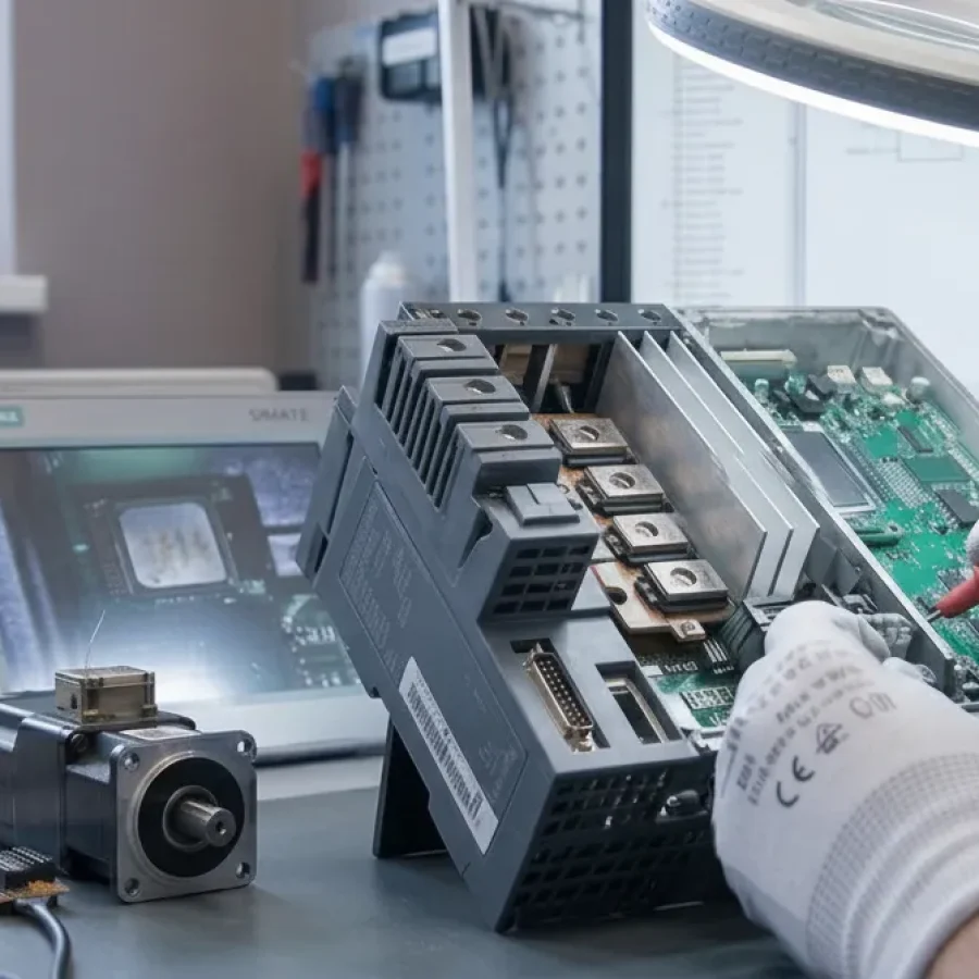 Technik serwisowy w białych rękawiczkach przeprowadza precyzyjną diagnostykę płyty głównej urządzenia elektroniki przemysłowej przy użyciu sondy pomiarowej.