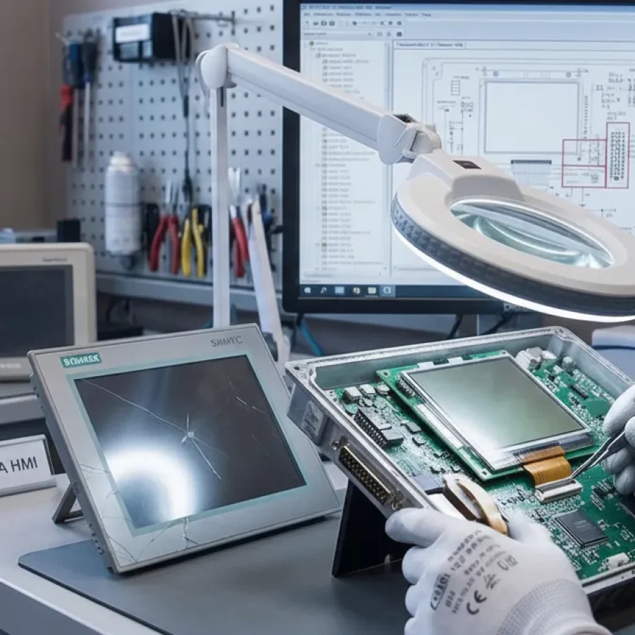 Technik w białych rękawiczkach precyzyjnie naprawia panel operatora HMI przy użyciu pęsety i lampy powiększającej na profesjonalnym stanowisku serwisowym.